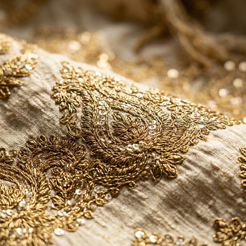 Artisanal gold zari & sequin threadwork on pure silk heritage texture