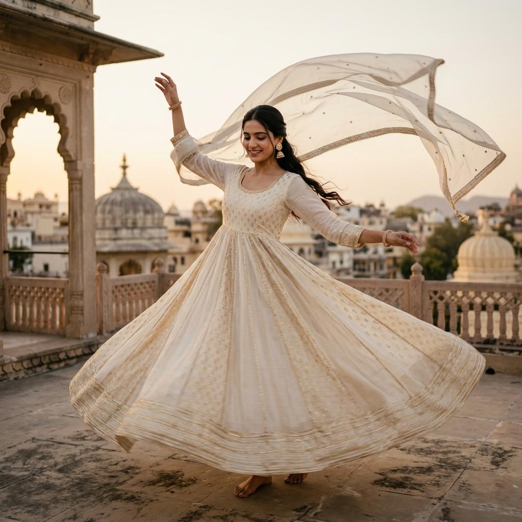 Grace in motion: Twirl with pure flair in our flared ivory festive anarkali