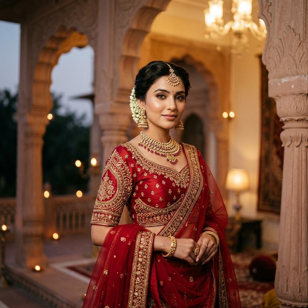 Crimson regal festive silhouette with intricately embellished choli & dupatta