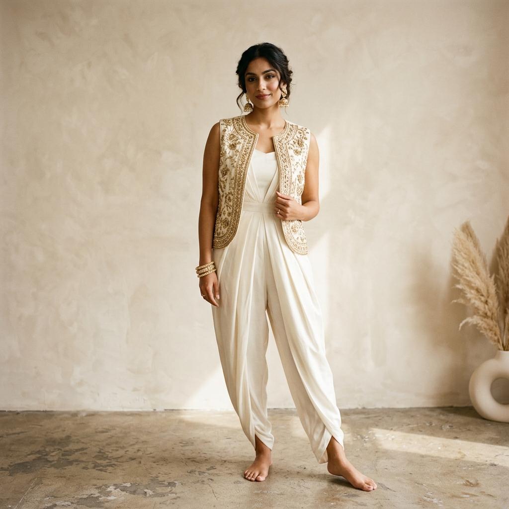 Sleek ivory silk draped dhoti jumpsuit paired with an embroidered vest
