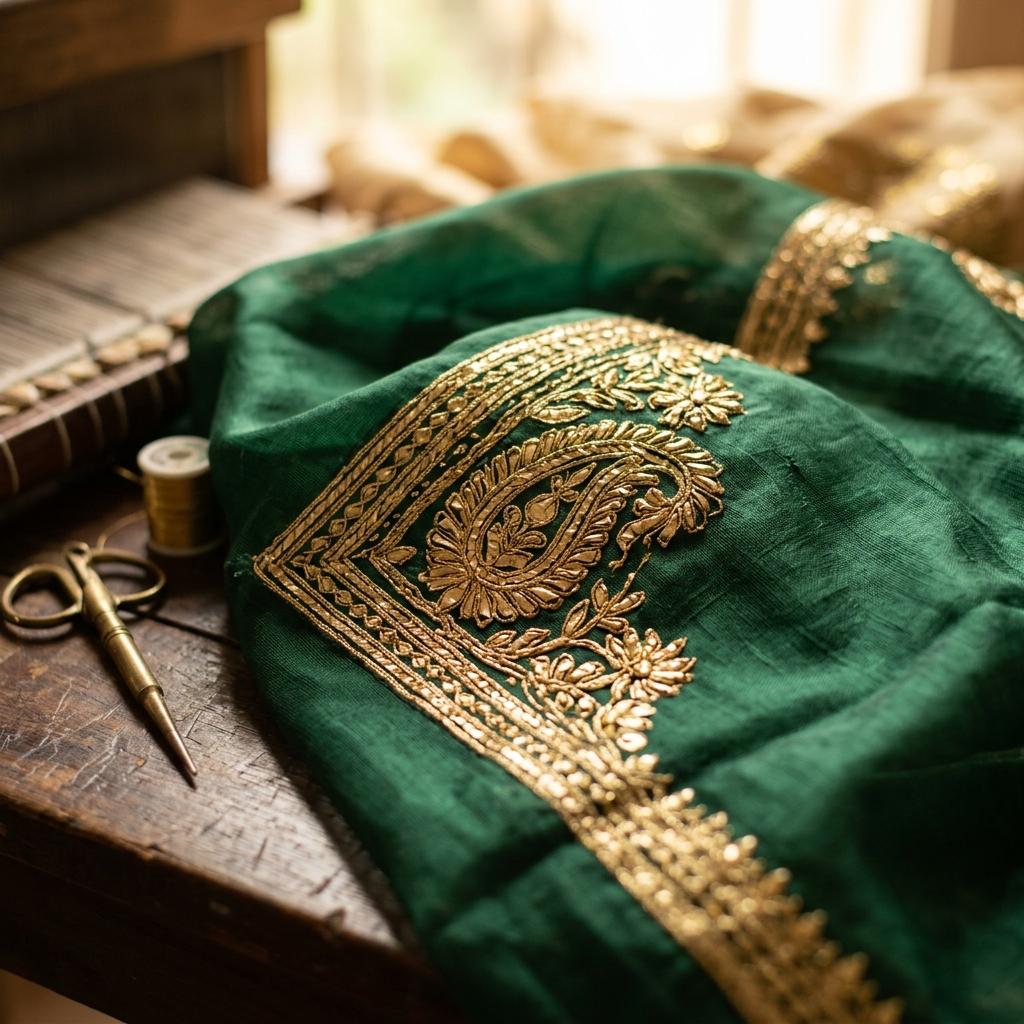 Pure emerald chanderi silk with artisan handwoven golden gota patti