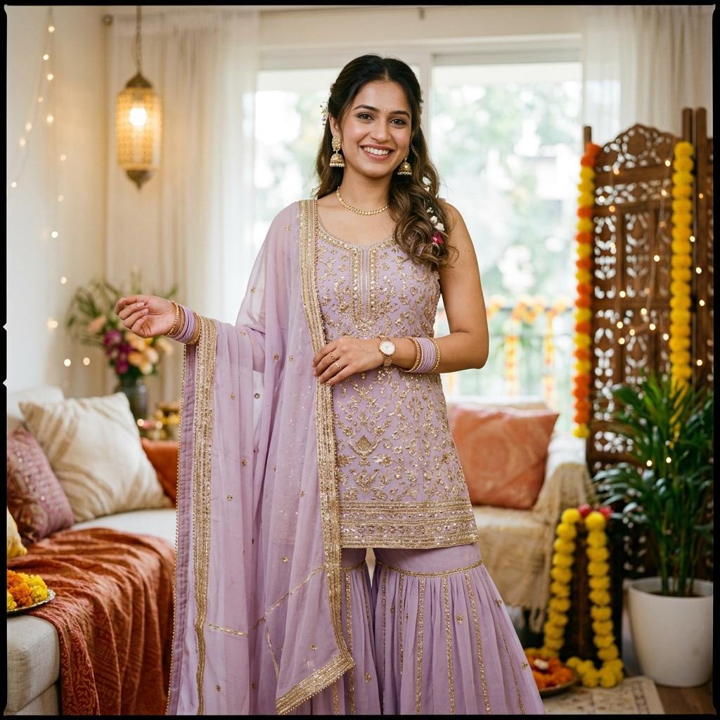 Pastel lilac shimmer sharara set designed for festive celebrations