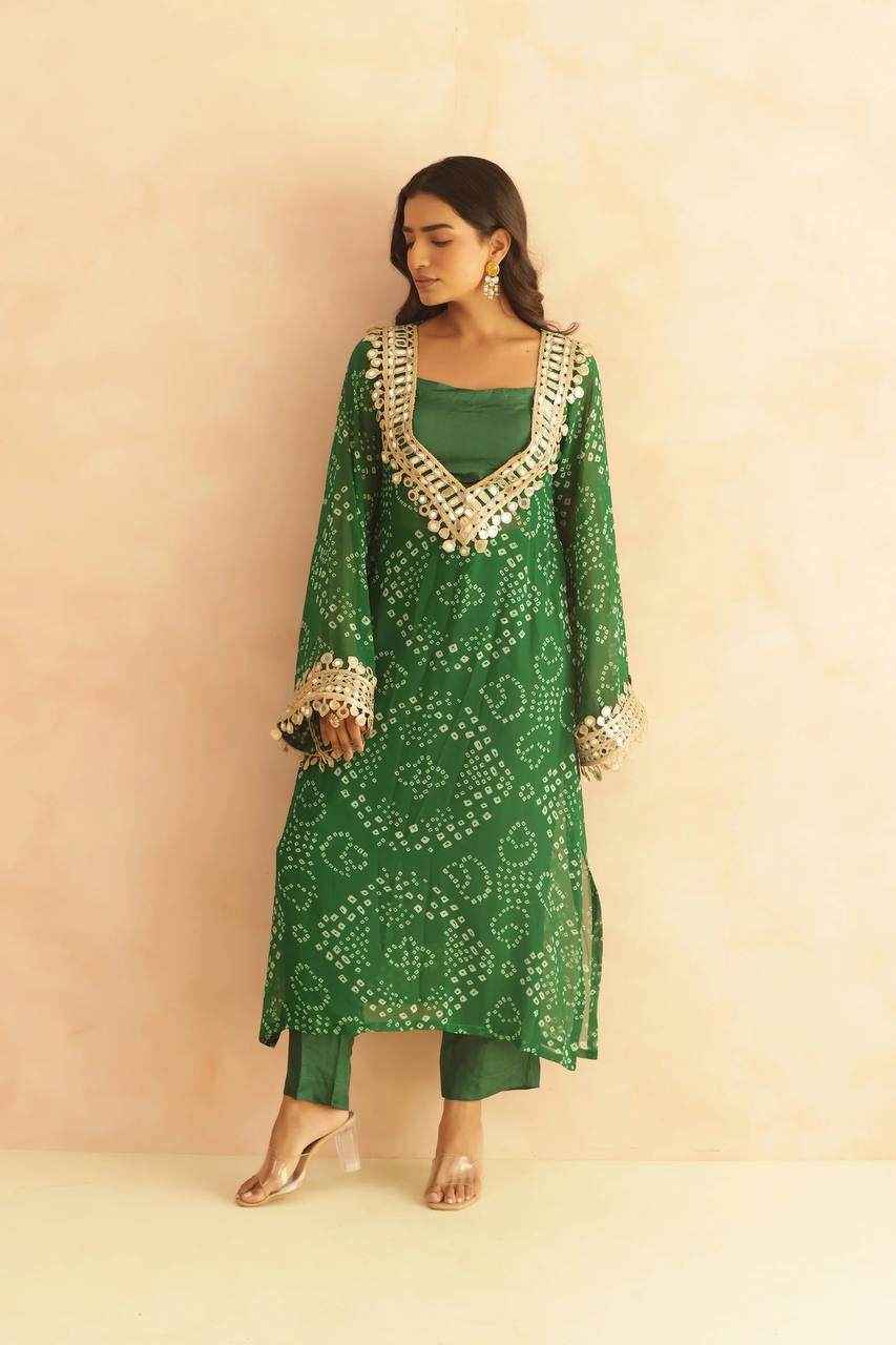 three piece mirrorwork kurti with pent