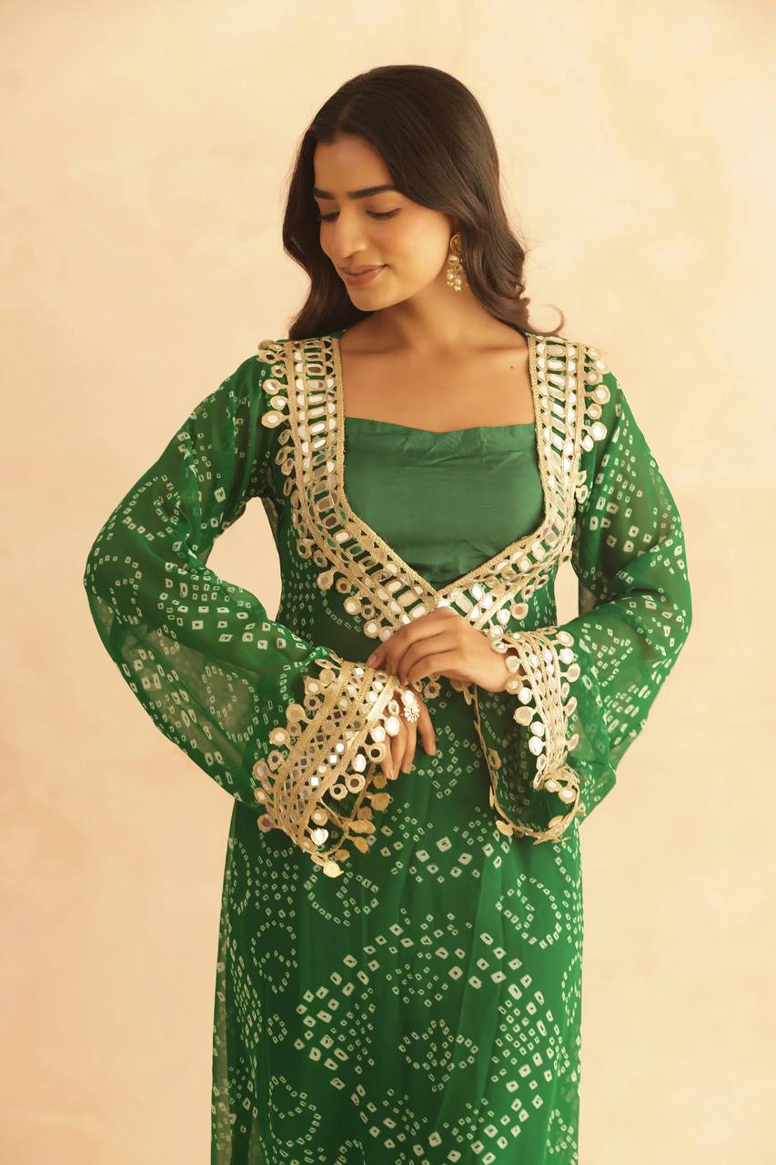 three piece mirrorwork kurti with pent