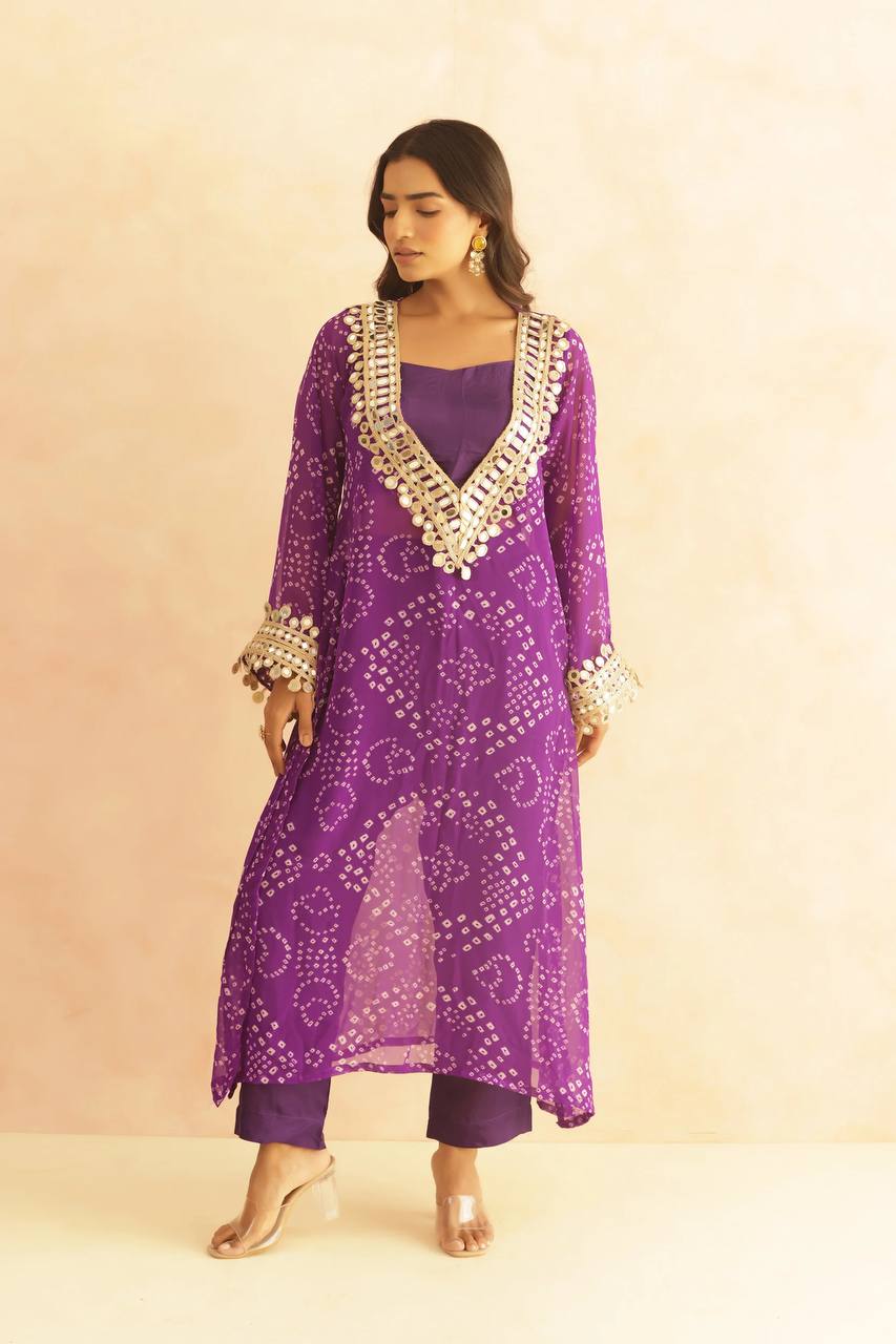 three piece mirrorwork kurti with pent