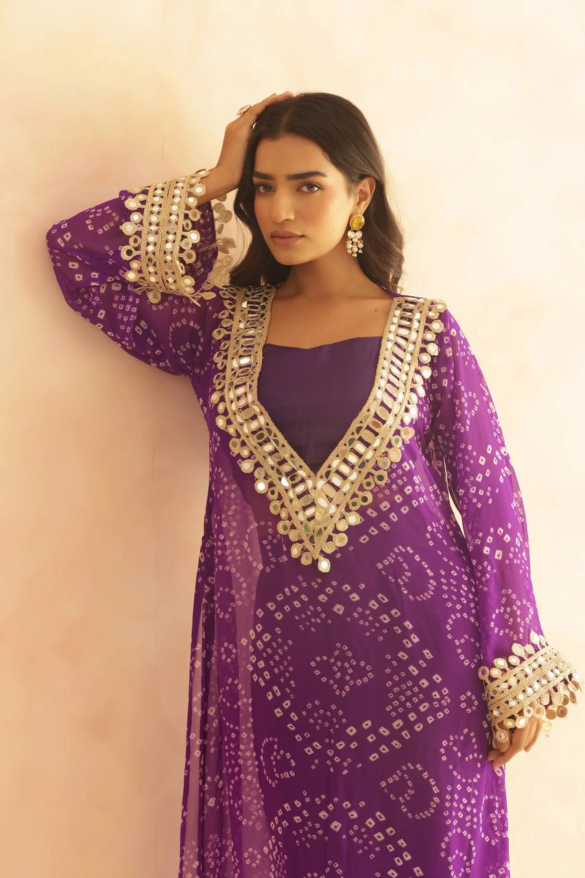 three piece mirrorwork kurti with pent