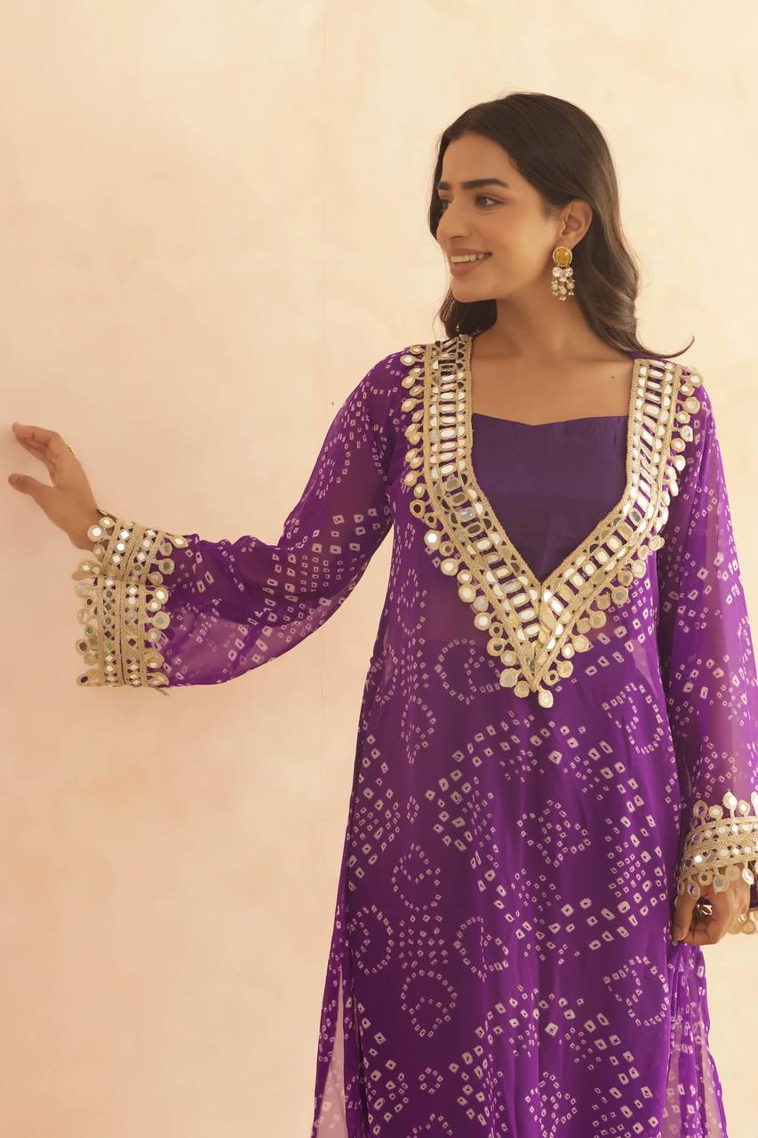 three piece mirrorwork kurti with pent