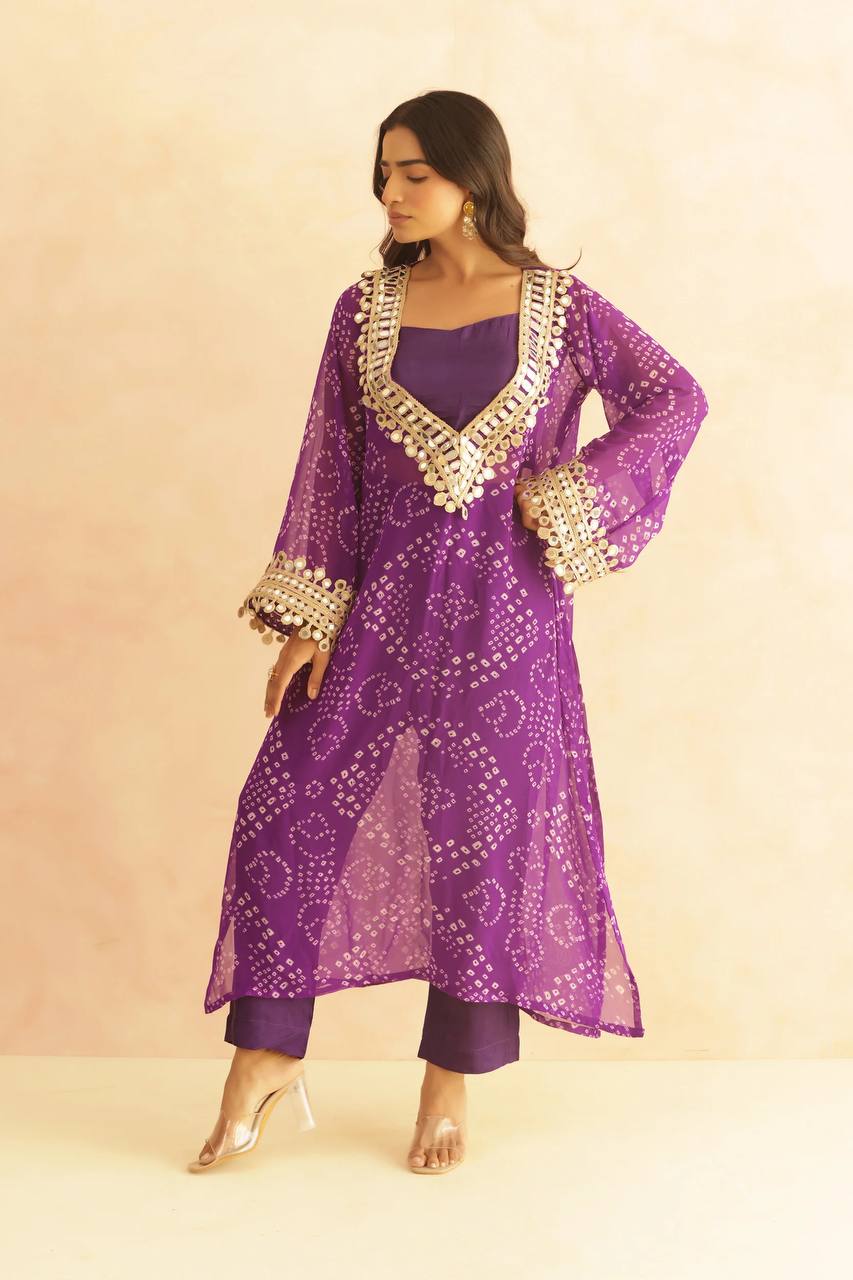 three piece mirrorwork kurti with pent