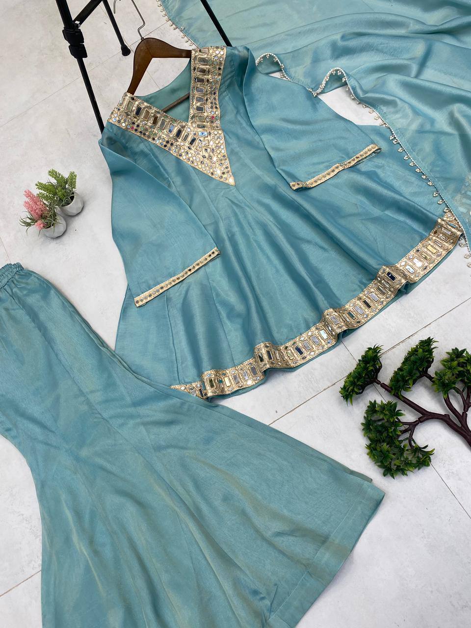 Super Hit AliyaCut KEDIYA STYLE Real Mirror Work Plazzo Set