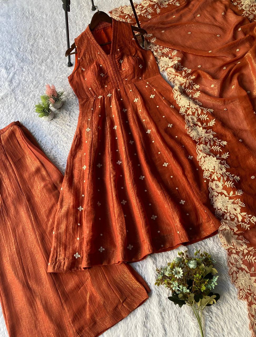 EXCLUSIVE 3 PIECE KURTI , FLARED PLAZZO WITH DUPATTA IN EMBROIDERY WORK